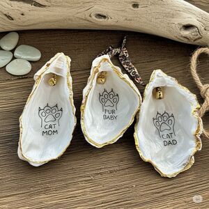 Set of 3 oyster shell ornaments CAT lover, MOM, DAD, FUR BABY  in a gift box